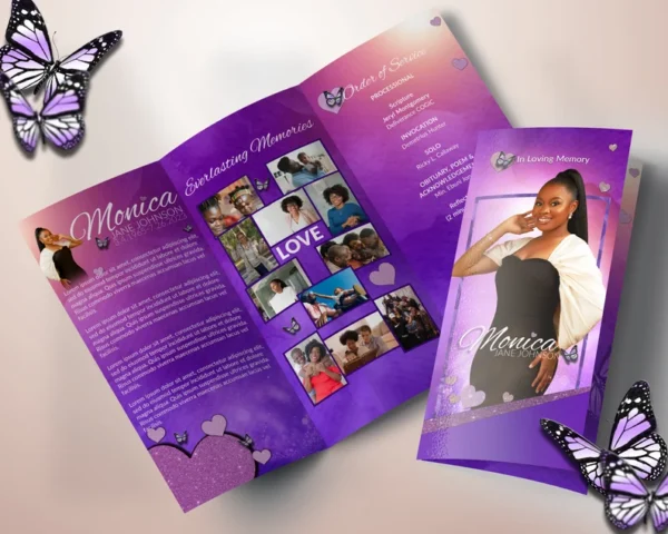 Tri Fold | Purple Watercolor and Glitter Style Funeral Program - Image 2
